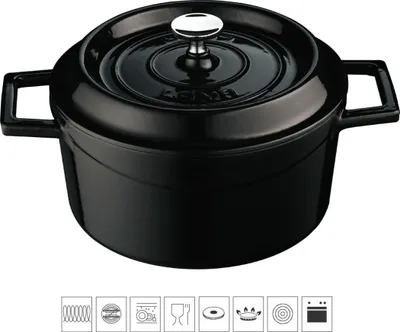 A black enameled cast iron pot with a lid, shown from a front-side angle on a white background. Below the pot are several icons indicating product features and compatibility.