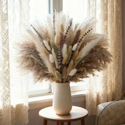 Image de Fleurs de pampa séchées, bouquet de lavande, 57 pièces, 44 cm. Décoration bohème pour table, mariage, décoration intérieure