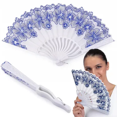 Produktbild von Faltfächer Handfächer Tanzfächer Japanischer Spanischer Fächer Glitzer Weiß Blau 24 cm