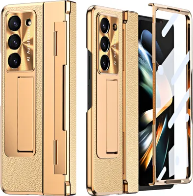 Produktbild von Hülle für Samsung Galaxy Z Fold 5 mit Displayschutz & Objektivschutz Galvanisierte Litschi Ständer Schutzhülle Gold