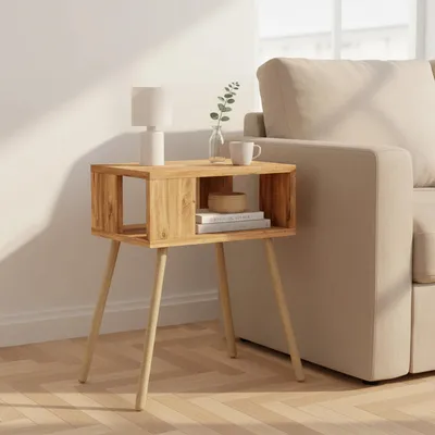 Produktbild von Nachttisch Eiche mit 2 offenen Fächern Skandinavisches Design Massivholz Beine Beistelltisch Wohnzimmer Kinderzimmer Schlafzimmer Flur (Oak)