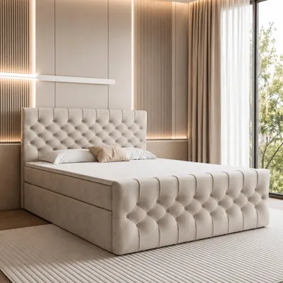 Produktbild von GOLDSTOFF TAURIEL Boxspringbett 180x200cm mit Federkernmatratze & Topper | Bett mit Stauraum & 2 Bettschubladen - Polsterbett aus Samtstoff (Beige)