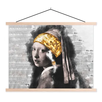 Produktbild von MuchoWow® Textilposter Das Mädchen mit dem Perlenohrring - Vermeer - Collage 150x113 cm mit holzfarbenen Rahmen - Poster