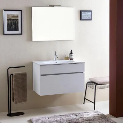 Immagine prodotto di Mobile bagno sospeso da 80 cm con cassettone bianco effetto legno | Sole