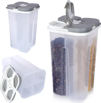 A collage of images showing a multi-compartment food storage container with a gray lid.