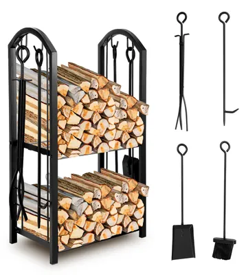 Image de Étagère Peviasot pour bois de chauffage, comprenant un ensemble de 4 accessoires pour cheminée, une structure métallique à deux niveaux, dimensions 37 x 33 x 74 cm, avec balai, pince, crochet et pelle