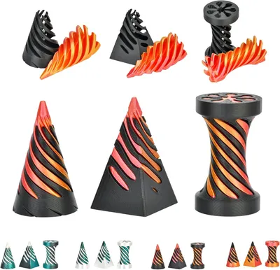 Productafbeelding van Fidget spiraal - Set van 3 - Kegel - Zandloper en piramide - Verwisselbare elementen - 14+ (zwart/rood-goud)