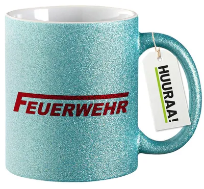 Produktbild von Huuraa Glitzertasse Feuerwehr 330ml Blau Keramik Kaffeebecher Geschenkidee