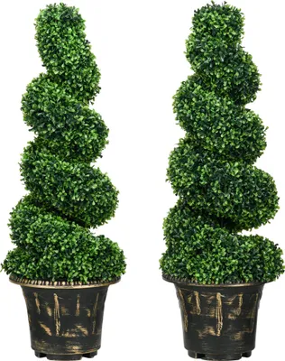 Produktbild von Spiralförmiger Buchsbaum 2er Set, 90 cm Kunstpflanze mit Topf, immergrüne Deko für Garten & Balkon