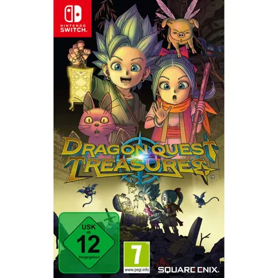 The image is a video game box art for Dragon Quest Treasures on Nintendo Switch, featuring characters and game title.