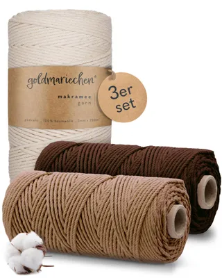 Produktbild von Makramee Garn 3er Set 3mm (Naturell 200m, Ackerbraun 100m, Cappuccino 100m) 100% Baumwollgarn für DIY-Deko Wandbehang, Blumenampel, Vorhang