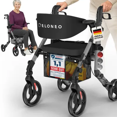 Produktbild von ELONEO 2in1 Rollstuhl Rollator faltbar und leicht mit Sitz, Outdoor Rollator Rollstuhl faltbar, Aluminium Gehhilfe für Senioren - Silber