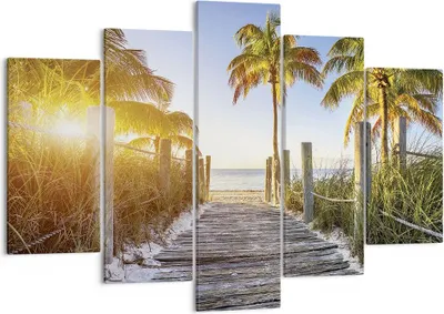 Produktbild von Bild auf Leinwand - Leinwandbild - 5 Teile - Strand Palmen Fußgängerbrücke - 150x100cm - Wand Bild - Wanddeko - Wandbilder - Leinwanddruck - Bilder - Wanddekoration - Leinwand bilder - EA150x100-4171