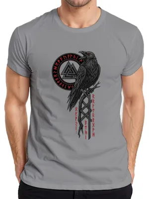 Produktbild von Wikinger Rabe Valknut Runen Odin Wotansknoten Nordisch Walhalla Herren T-Shirt, Grau, 3XL