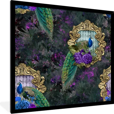Produktbild von MuchoWow® Gerahmtes Poster Muster - Lila - Pfau 40x40 cm - Poster mit Schwarzem Bilderrahmen Wandposter Rahmen Foto Bilder - Mit Rahmen - Wanddekoration Schlafzimmer