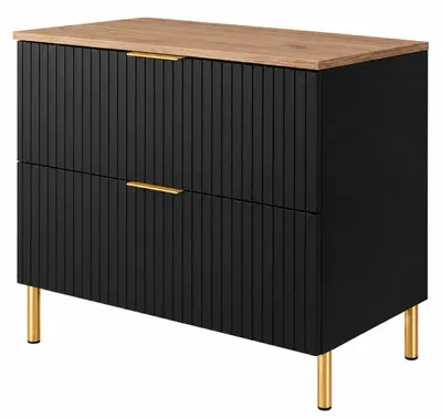 Image de Armoire de salle de bain autoportante, largeur 80 cm, façade rainurée de 16 mm, finition noir et chêne Craft, poignées disponibles en deux couleurs, dimensions : 80 x 46 x 73,6 cm, Image générée par une IA