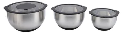 Image de Lot de 3 saladiers avec couvercles et râpes en acier inoxydable : ensemble idéal pour la cuisine, la pâtisserie et la conservation des aliments