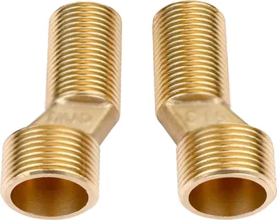 Two brass pipe fittings with threaded ends, angled to connect pipes.
