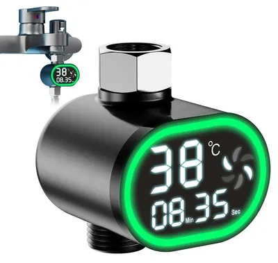 Produktbild von LED Duschthermometer mit Temperaturanzeige, wasserbetrieben ohne Batterie, 4-Zoll Anschluss, Echtzeit Wasser Temperaturanzeige für Dusche & Babybad, Schwarz