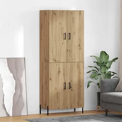 Image de Meuble mural haut en bois stratifié imitation chêne artisanal, dimensions 69,5 x 34 x 180 cm, idéal pour le salon, l'entrée et la salle à manger. Meuble moderne de rangement, commode et buffet, optimisant l'espace