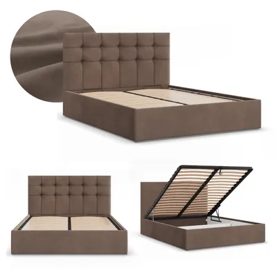 Produktbild von Polsterbett 160x200 cm mit Lattenrost, Doppelbett mit Bettkasten, elegantes Stauraumbett mit Kopfteil, hochklappbar, Samtstoff, Braun, SORIA 160 x 200