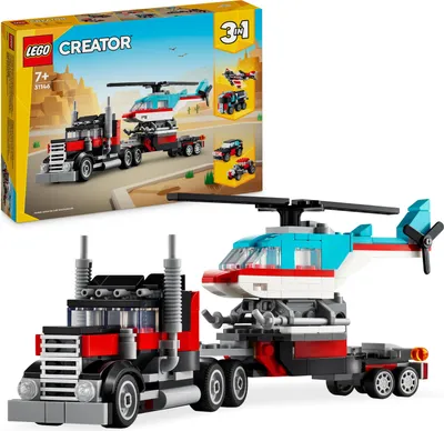 Produktbild von LEGO Creator 3in1 Tieflader mit Hubschrauber, Fahrzeuge-Set mit Helikopter- und LKW-Spielzeug, Flugzeug und Tanklaster, Hot Rod und SUV, Geschenk für 7-jährige Jungs und Mädchen 31146