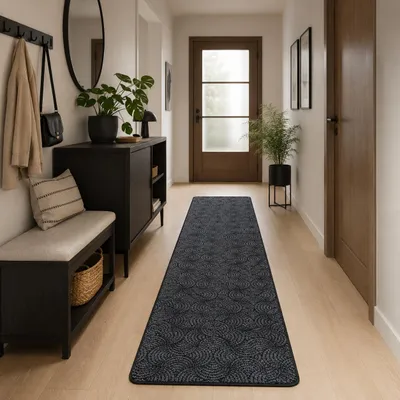 Produktbild von Läufer Feinschlinge Designer Teppich Circle Schwarz Grau, Größe:80x400 cm, KI-generiertes Bild