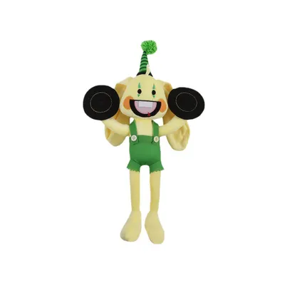 A plush toy of a yellow rabbit character wearing green overalls and holding two black circular objects.