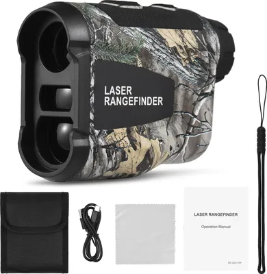 A camouflage laser rangefinder with accessories laid out below it.
