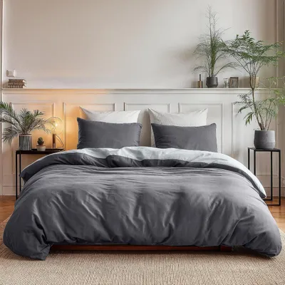 Productafbeelding van TRANKIELO® - 100% Katoenen Dekbedovertrek 240x220cm - Antraciet/Grijs - Zacht, Ademend & Strijkvrij met 2 Slopen