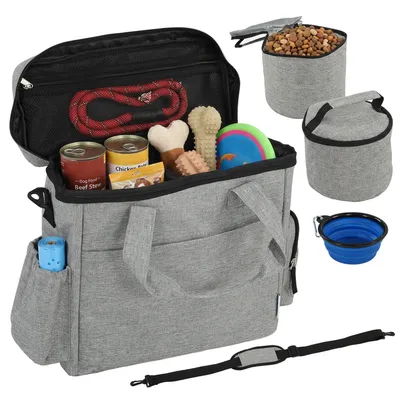 Produktbild von Hundebox Transportbox Hund mit mehreren Fächern 2 Futterbehältern zusammenklappbar Silikonschüssel 38x17x35 cm Hellgrau