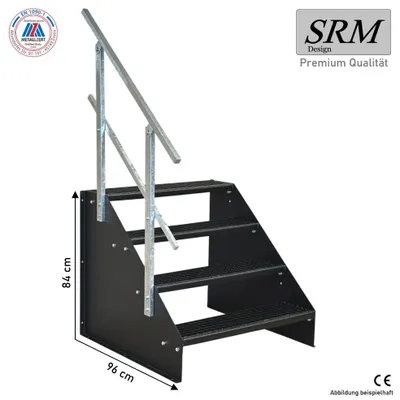 Produktbild von 4 Stufen Standtreppe Modell 1 freistehend komplett schwarz Treppe Stahltreppe Breite 80 cm Höhe 84 cm mit einseitigem Geländer