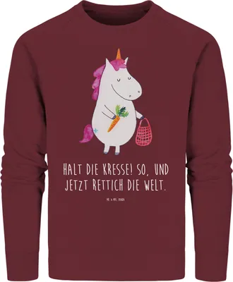 Produktbild von Mr. & Mrs. Panda Organic Pullover Einhorn Gemüse Größe L - Burgundy - Geschenk, Unicorn, Wochenmarkt, Einhörner, Sweater, Bio Baumwoll, Biomarkt, Pulli, Sweatshirt