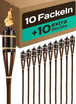 Immagine prodotto di 10 torce da giardino in bambù naturale - Lunga durata - Ricaricabili - 10 stoppini extra inclusi - 90cm