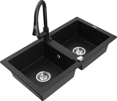 Produktbild von Mexen Mario 2-Becken-Granitspüle mit Mischbatterie Elia, Schwarz - 6504-77-670101-70