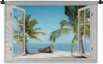 Produktbild von MuchoWow® Wandteppich Wandbehang Aussicht - Strand - Palme - Boot - Tropisch - Meer - Blau 120x80 cm Tapisserie Dekoration Wandtuch - Wanddekorationen - Wandtücher