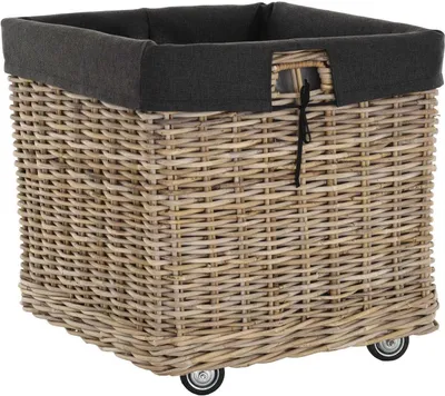 Produktbild von KRINES HOME Großer Rollkorb mit Griffen / Holzkorb mit Rollen aus grauem Natur Rattan / Aufbewahrung Holz-Wagen Räder Kaminholz-Korb Kamin Allzweck-Korb mit Inlett (Quadratisch)