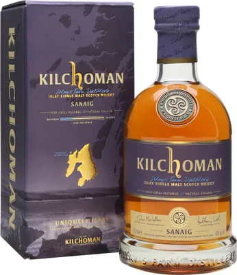 A bottle of Kilchoman Sanaig Islay Single Malt Scotch Whisky and its accompanying gift box, presented against a white background.