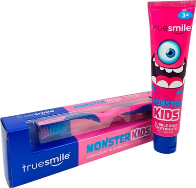 Productafbeelding van Truesmile | Tandpasta - 75 ml - Monster Kids - Bubble Gum - Met fluoride - Geschikt voor kinderen vanaf 3 jaar - Inclusief een tandenborstel