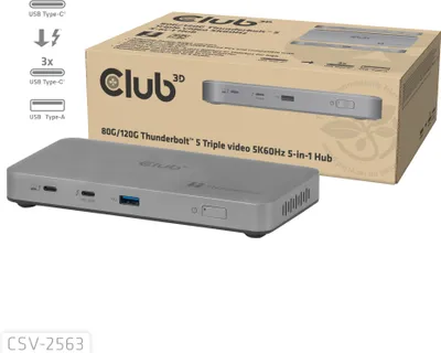 Zdjęcie produktu dla CLUB3D CSV-2563, Thunderbolt 5, 100 W, Srebrny, 60 Hz, Thunderbolt 5, USB 3.2 Gen 2 (3.1 Gen 2) Type-A, 180 W