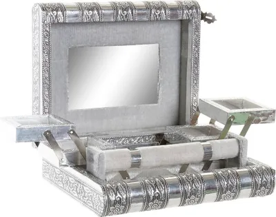 Obrázok produktu pre Box na šperky Home ESPRIT Strieborná farba prírodného dreva Hliník 22,5 x 18,8 x 7,6 cm