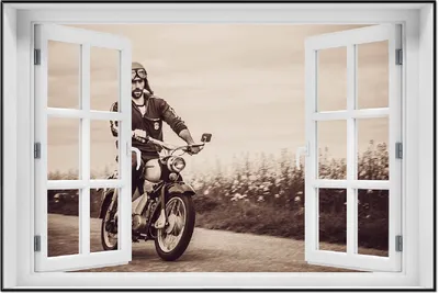 Produktbild von Wallario Wandbild mit Fenster-Illusion: Simson Fahrer in der DDR in Sepiafarben, Größe: 61 x 91,5 cm, Poster mit schwarzem Aluminiumrahmen