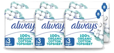 Imagen del producto de 6 paquetes de toallas sanitarias nocturnas Always Baumwolle Protection con alas, 100% algodón orgánico, paquete económico, 6 unidades