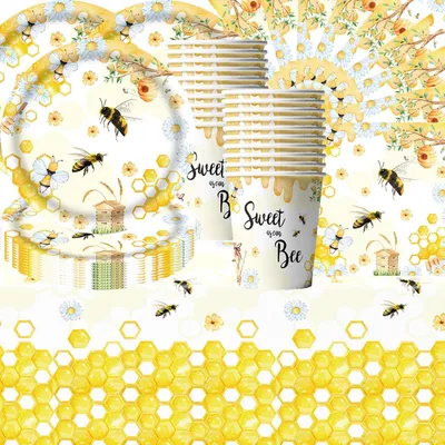 61-tlg. Bienen-Partygeschirr-Set für Kinder, Teller, Becher, Servietten