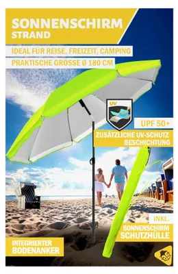 Produktbild von Strandschirm - UPF 50+ Sonnenschutz, Ø 180 cm, mit Schutzhülle, windfest und stabil, Farbe Grün