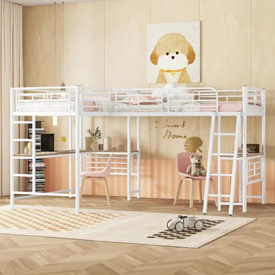 A loft bed with a desk underneath, set up in a child's bedroom.