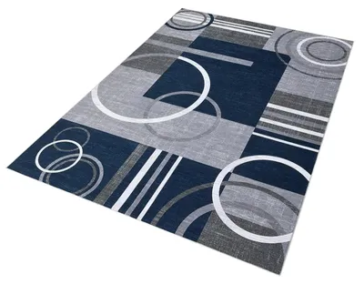 Obrázok produktu pre Umývateľný koberec – obdĺžnikový koberec do predsiene – 100 % polyester – geometrický vzor – protišmyková gumová spodná strana – možné prať v práčke – tmavomodrá farba, rozmer 120 × 170 cm