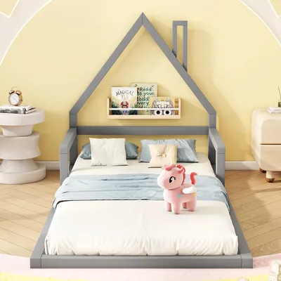 A child's bed in a bedroom setting.