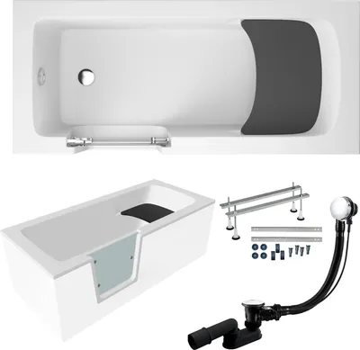 Produktbild von Badewanne Rechteck Set 5in1 170x75 Links, Seniorenbadewanne + Glastür und Holzsitz, Premium Ablaufgarnitur und Füßen | BADLAND VOVO