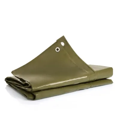 A folded green tarp is shown against a white background.